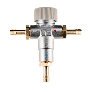 Thermostatic mixer as scald protection adjustable 30°C to 48°C with hose nozzles for 10mm water hose