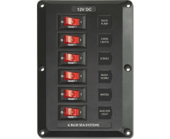 Module DC-OUT 12V/24V: 2x6 circuits, each 15A circuit breaker/switch, sum current max. 100A, with ground distribution, Bluetooth battery protection, ground rail, fuse protection of the sum and circuit diagram