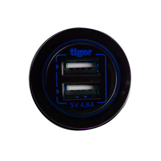 Dual USB Charger 12/24V 2 x 2,4 amp, low light LED lightning blue