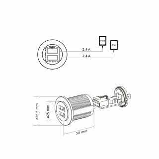 USB Steckdose Dual, 2 x 2,4A 12V/24V, Einbau-Montage