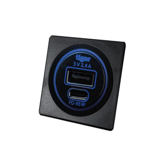 USB-C / USB-A Einbausteckdose 12V  QC/PD3.0 45W light-auto-off + Adapterplatte für Berker