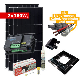 Complete Solar Set 2x 160Wp for RV and Motorhome (w. Votronic Solar Charger)