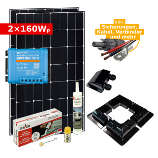Complete Solar Kit 2x 160Wp for RV, Camper Van, Boat