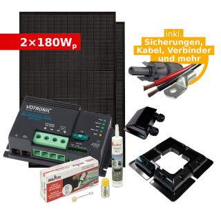 Solar Komplettset 2 x180Wp ULTRAblack tiger für Camper & Wohnmobil (mit Votronic Laderegler)