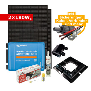 Complete Solar Kit 2x180Wp ULTRAblack tiger for RV, Campervan or Boat