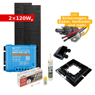 Complete Solar Kit 2x120Wp ZL ULTRAblack tiger for RV, Campervan or Boat (w. Victron Solar Charger)