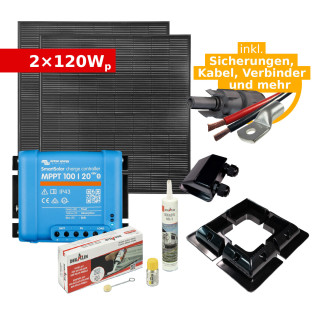 Complete Solar Kit 2x120Wp ZQ ULTRAblack tiger for RV, Campervan or Boat (w. Victron Solar Charger)